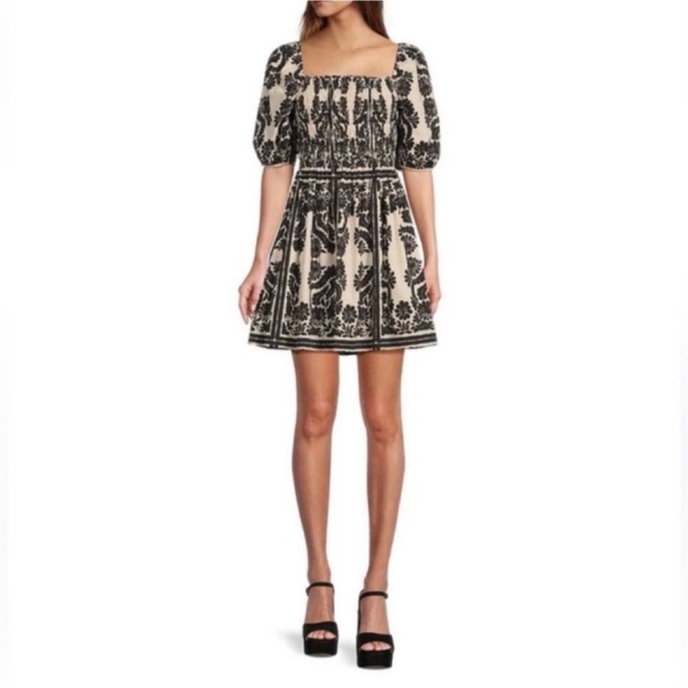 ANTONIO MELANI Black and Cream Printed Square-Neck Mini Dress